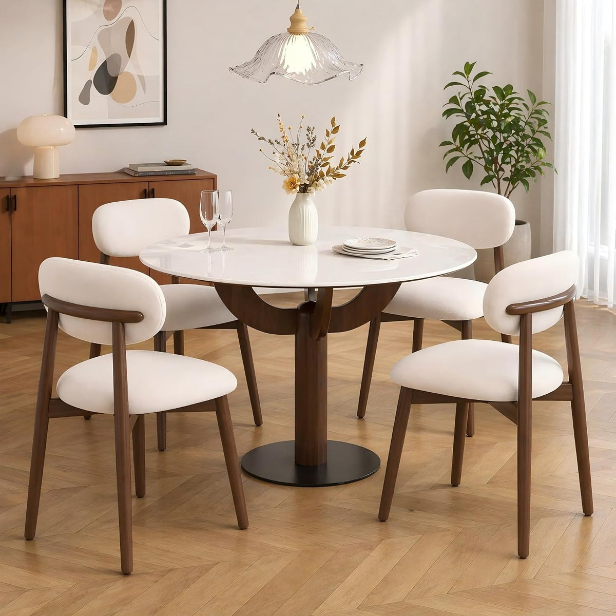 Sedia TAKUMI∞X, 4 pezzi, legno, lino, Bianco, imbottita, per sala da pranzo e cucina