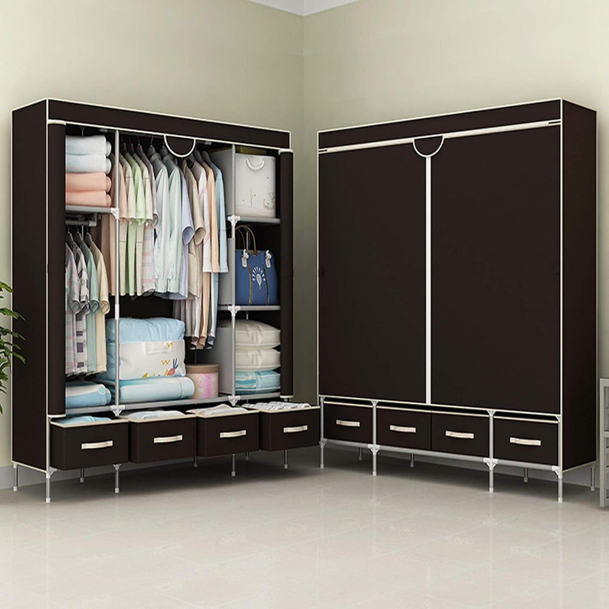 Armadio Anmas Power, 4 cassetti, 150 × 45 × 170 cm, acciaio, tessuto, Grigio, grande appendiabiti con appendiabiti e ripiani