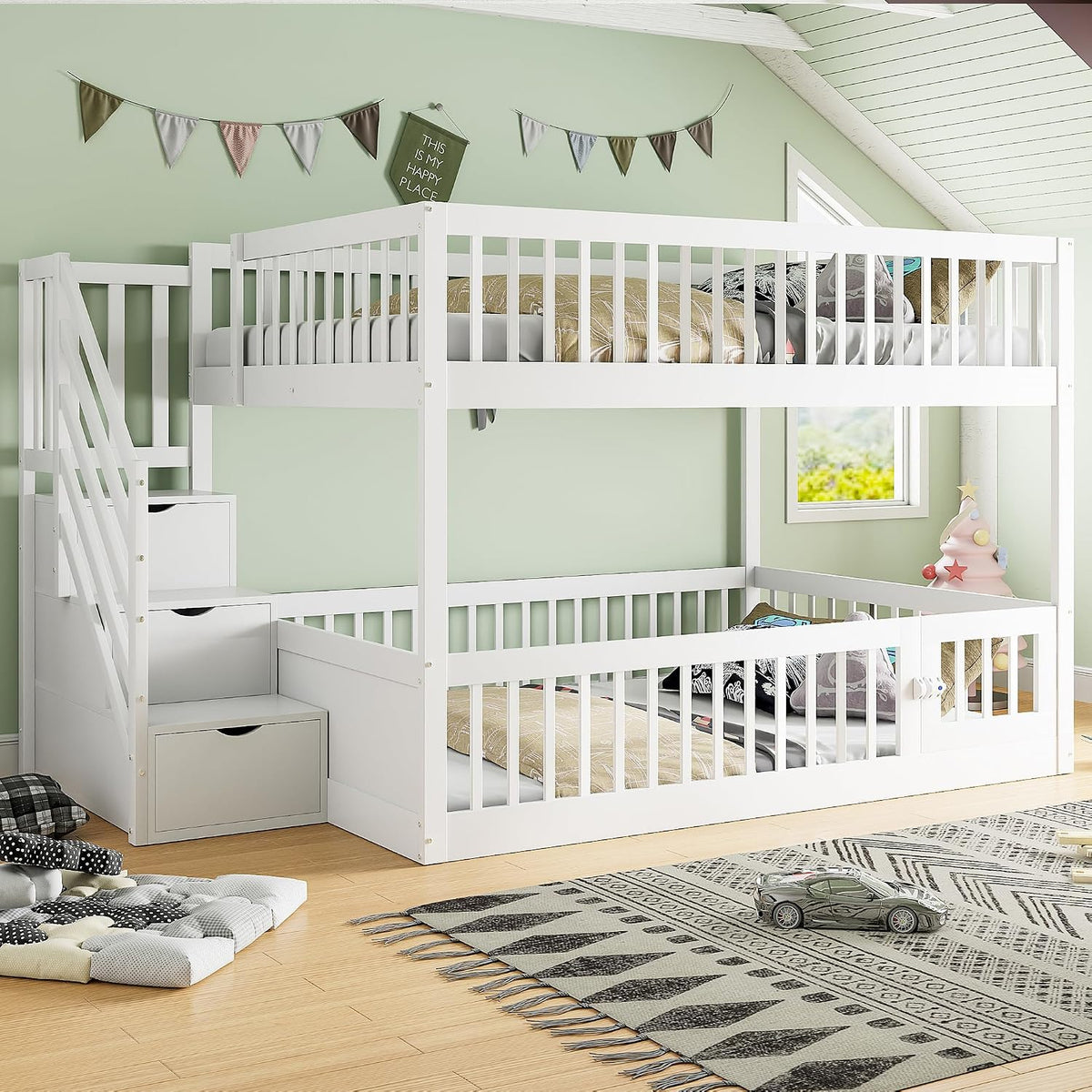 Letto a castello Oxtao, matrimoniale, 140 × 200 cm, legno, Bianco, per camera da letto
