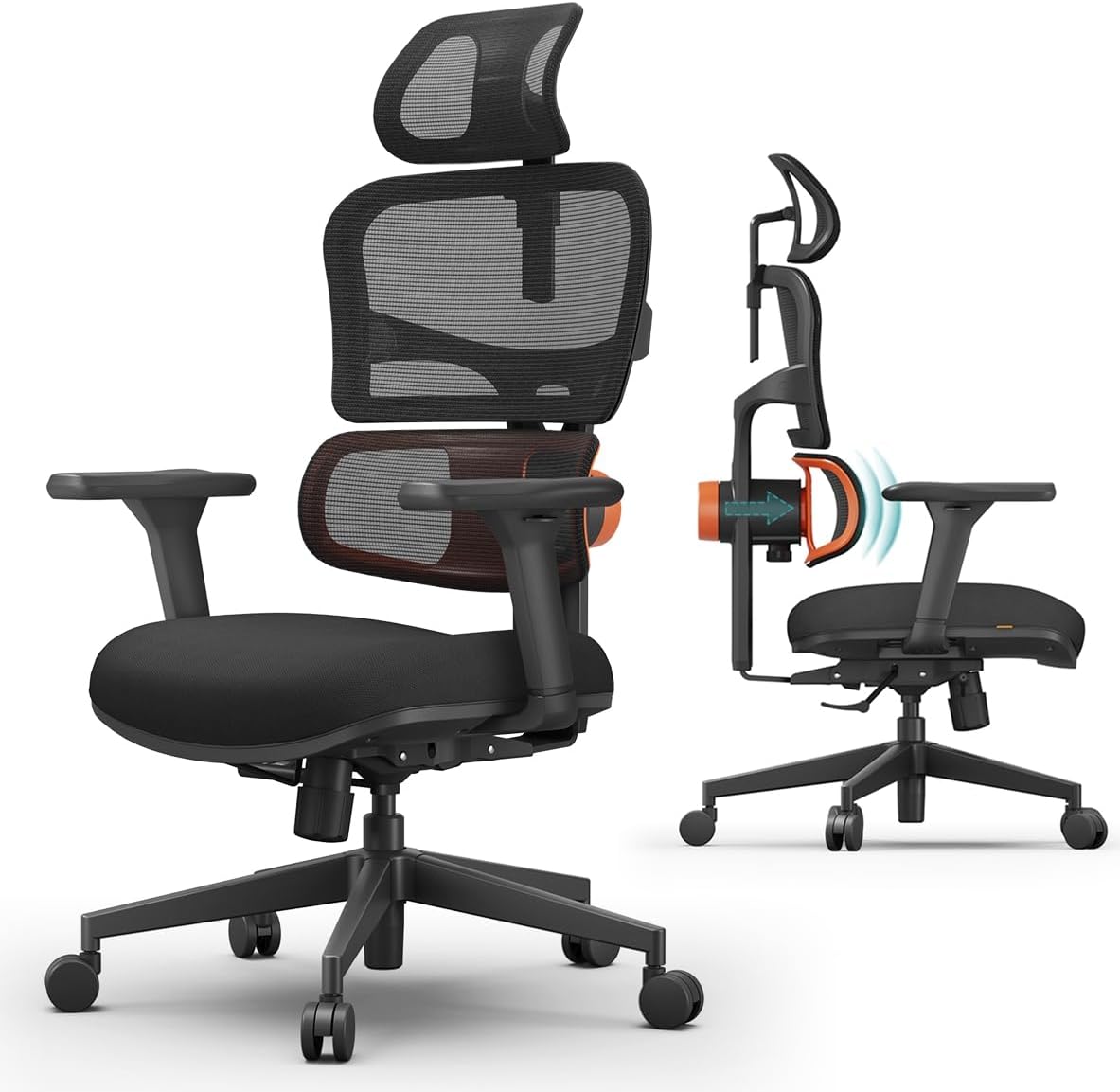 Sedia da ufficio Newtral NT001, Nero, regolabile, con poggiatesta, con braccioli, per ufficio