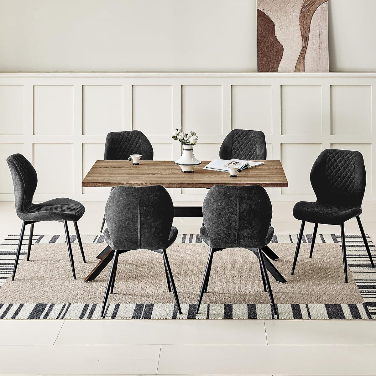 Set da pranzo JIJIAN, 6 sedie, 140 × 80 cm, legno, Nero, regolabile, per sala da pranzo e cucina