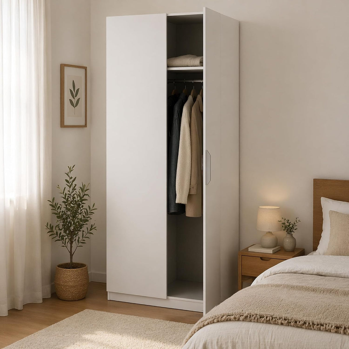 Armadio guardaroba Dmora, 2 ante, Bianco, per camera da letto, 79x51 h203 cm