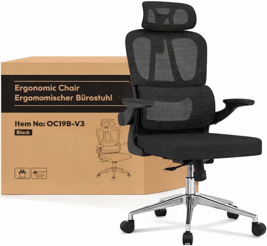 Sedia da ufficio FLEXISPOT OC3 LITE, tessuto, Nero, pieghevole, con poggiatesta, con braccioli, per ufficio