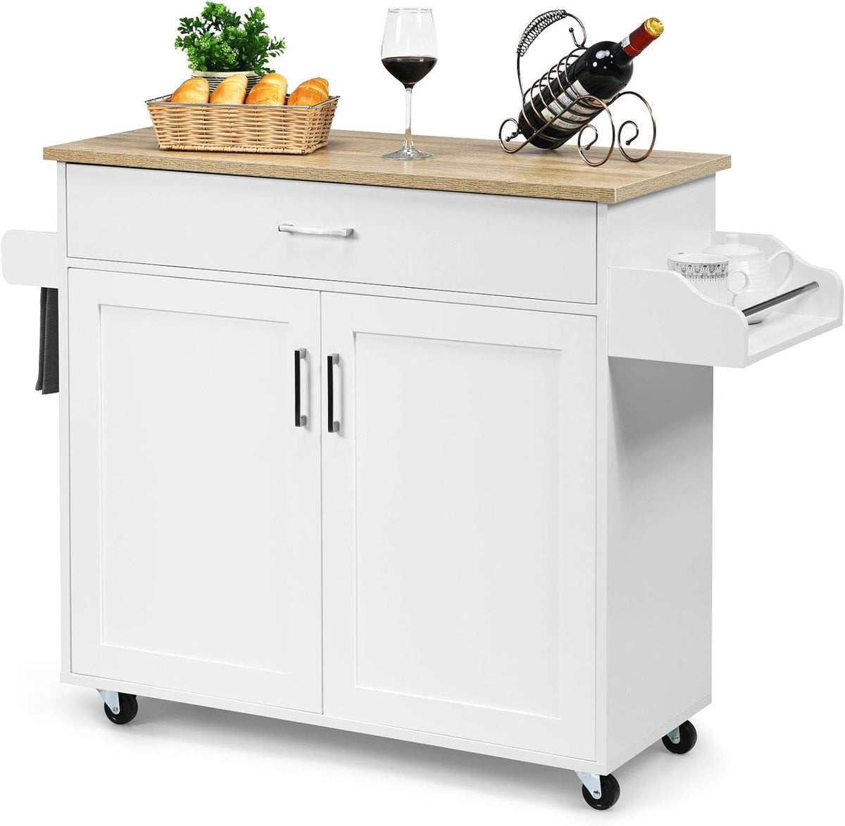 Carrello da cucina COSTWAY, 116 × 37 × 85 cm, legno, Bianco, regolabile, con ruote, per sala da pranzo e cucina