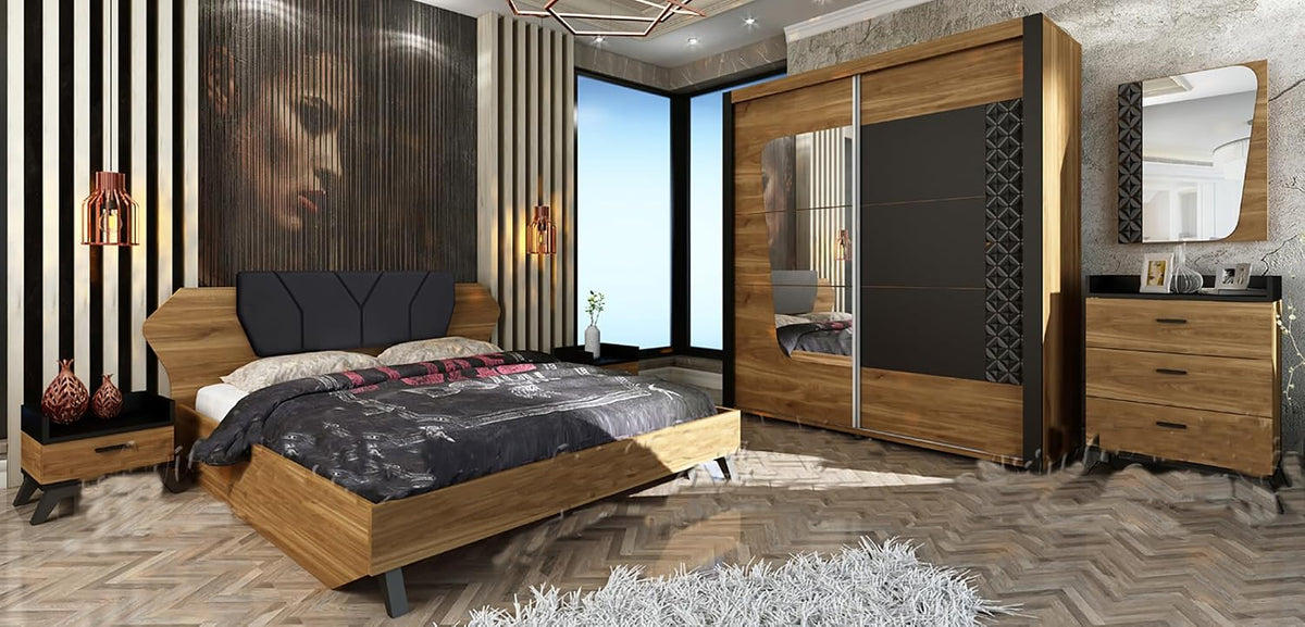 Letto ARREDO DA CASA CDLU24, 2 ante, 3 cassetti, matrimoniale, materasso incluso, Nero, con ante scorrevoli, per camera da letto
