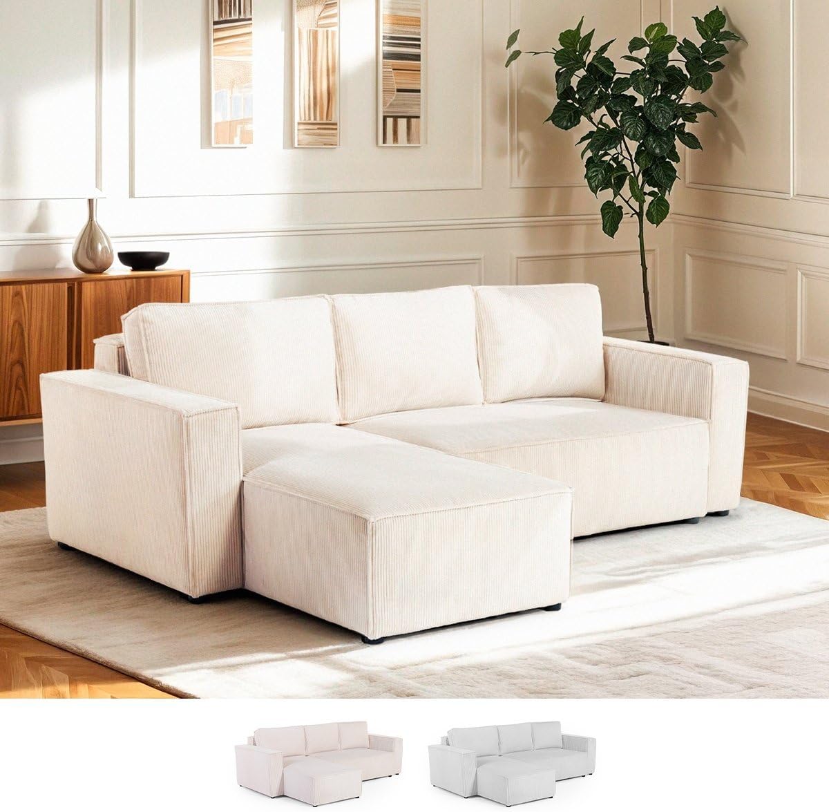 Divano letto Produce Shop, 255 × 168 × 85 cm, tessuto, Bianco, reclinabile, allungabile, con braccioli, per soggiorno