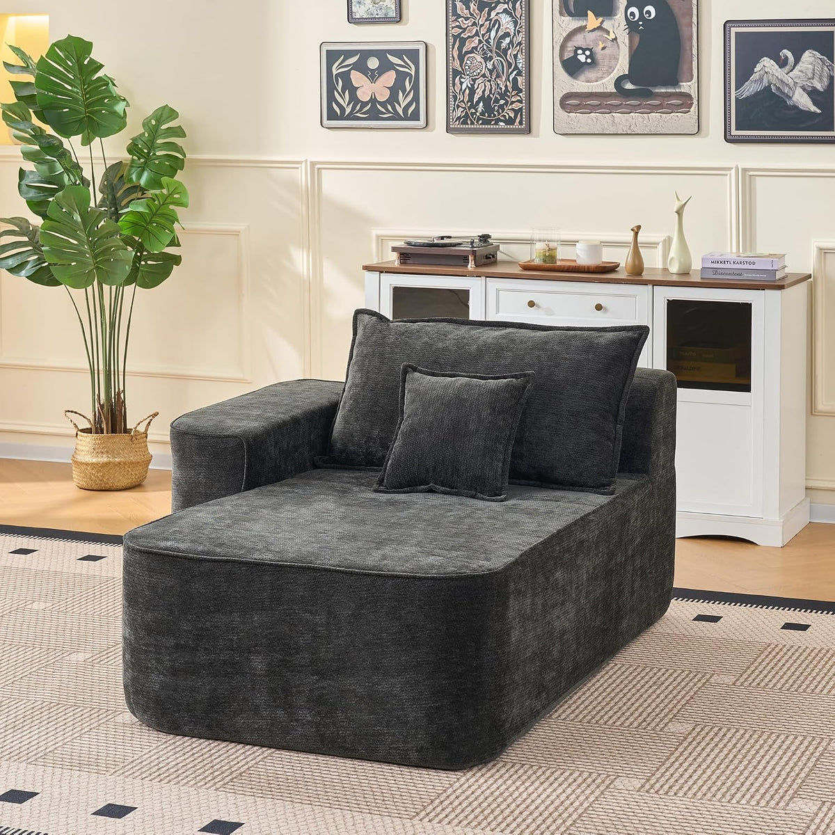 Divano MAMAINI, Nero, per soggiorno, Cuscino con tasche laterali, chaise longue senza montaggio