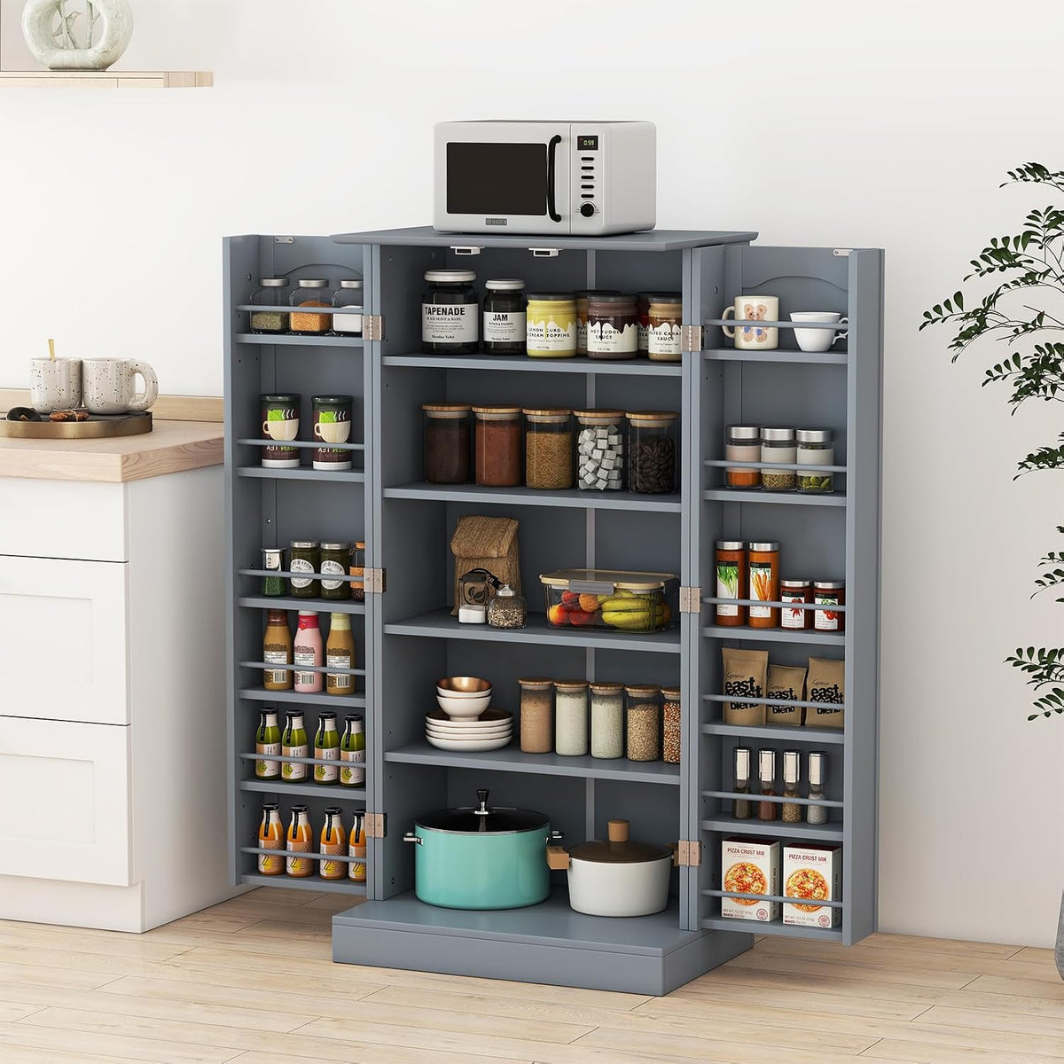 Credenza COSTWAY, 6 ripiani, 60 × 40 × 120 cm, MDF, metallo, Grigio, regolabile, per soggiorno e sala da pranzo