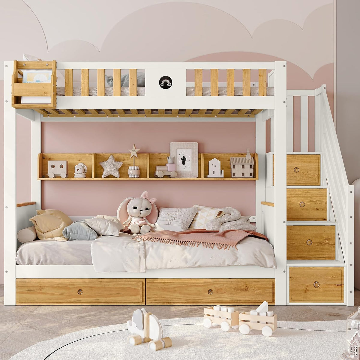 Letto a castello Idemon, 2 cassetti, 90 × 200 cm, legno, MDF, Bianco e naturale, per camera da letto