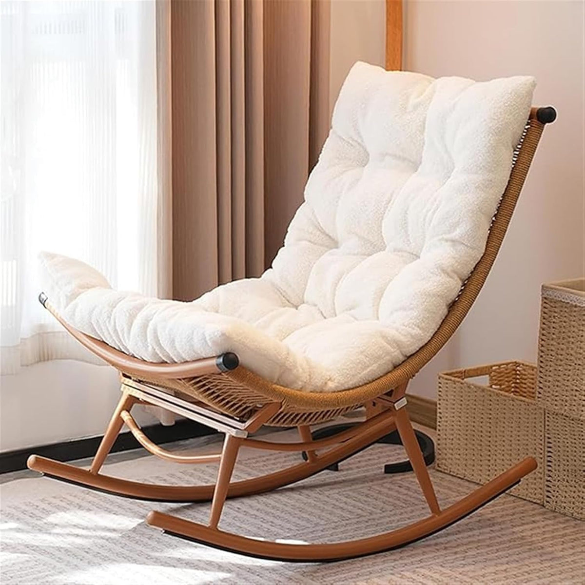 Sedia a dondolo JIESOO, rattan, imbottita, per giardino e terrazzo