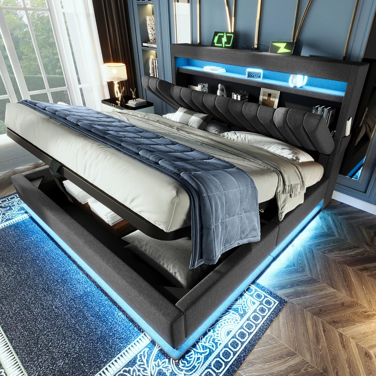 Letto Huayz, matrimoniale, 160 × 200 cm, Beige, con contenitore, con rete a doghe, con illuminazione LED, con porta USB, imbottito