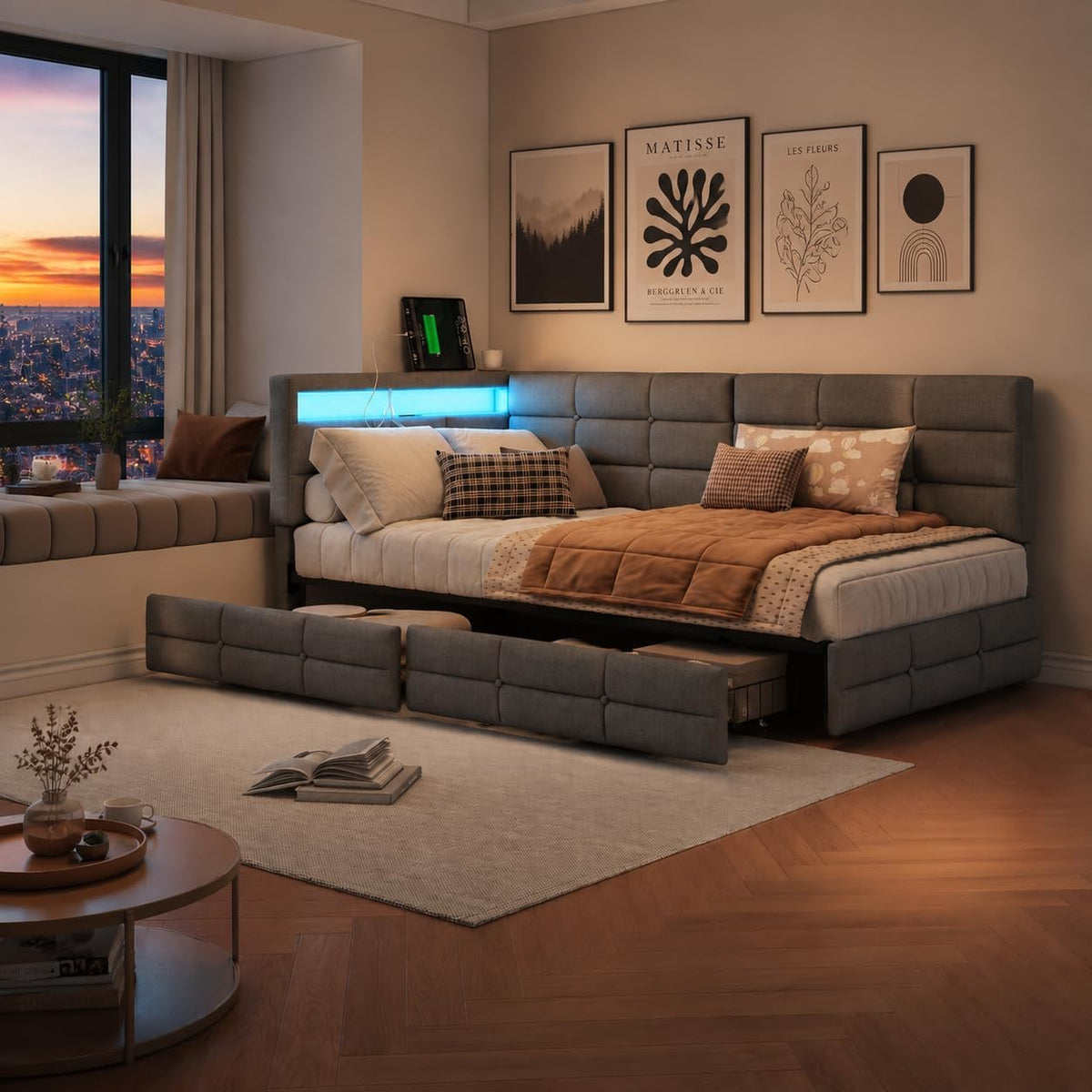 Letto DAHUEN, singolo, 90 × 200 cm, lino, Grigio, con contenitore, con ruote, con porta USB, imbottito, per camera da letto