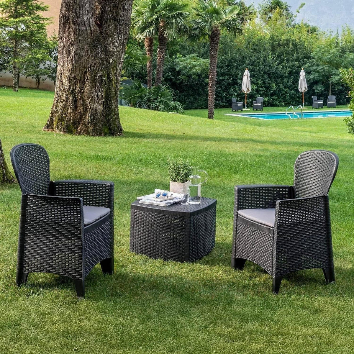 Set da pranzo da giardino Dmora, 2 poltrone, 60 × 58 × 89 cm, 53 × 53 × 40 cm, rattan, Antracite, con contenitore, per giardino e terrazzo