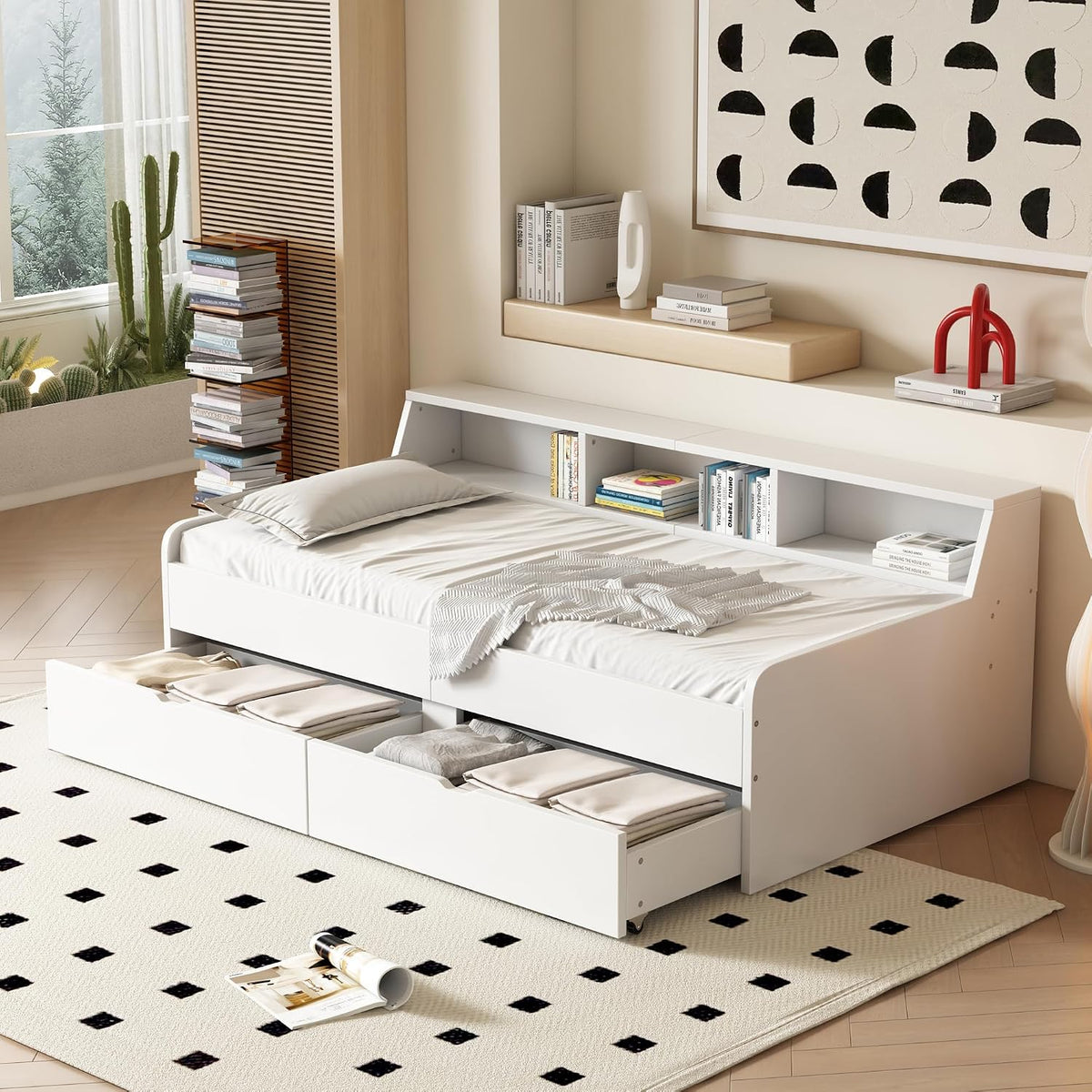 Letto Lexiou, singolo, 90 × 200 cm, legno, MDF, Bianco, per camera da letto, con due cassetti, con vano portaoggetti