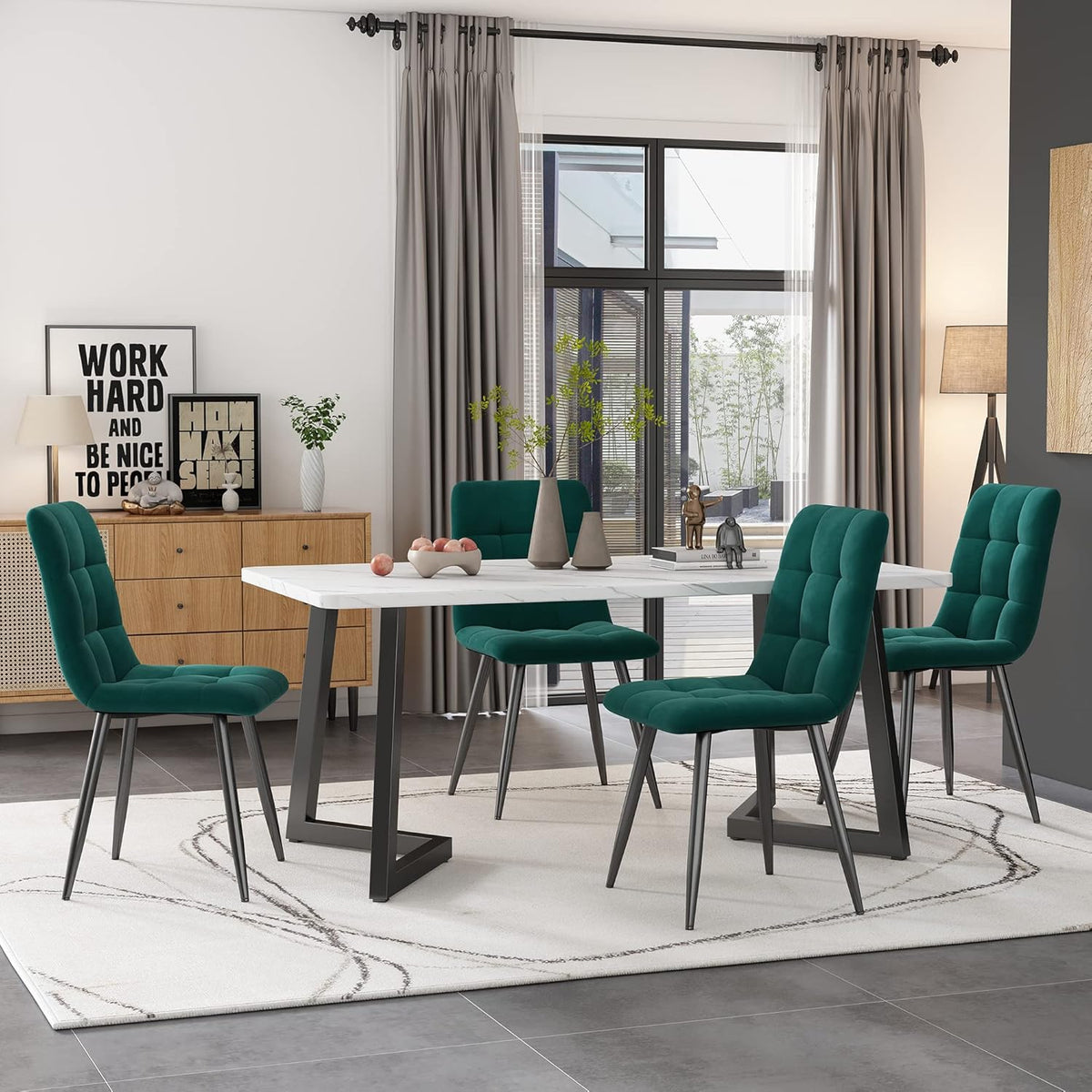 Set da pranzo SUKY, 4 sedie, velluto, Nero, per sala da pranzo e cucina