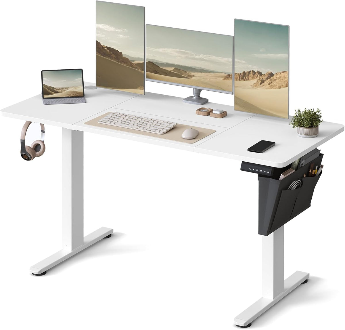 Scrivania SONGMICS LSD134W01, 140 × 60 cm, acciaio, tessuto, Bianco, elettrica, regolabile, con porta USB, per ufficio