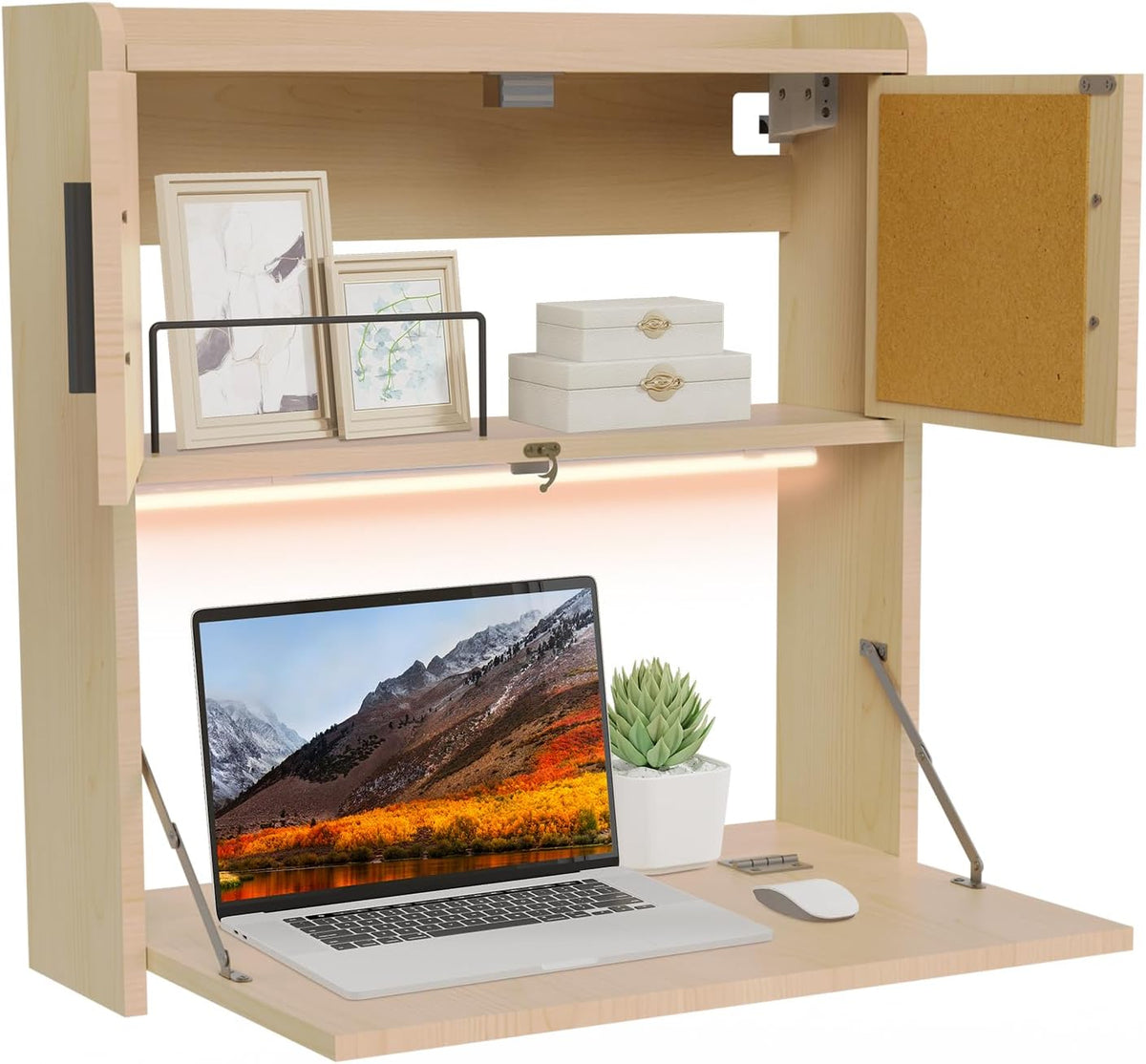 Scrivania ARTETHYS, legno, pieghevole, con illuminazione LED, per ufficio, per computer portatile, postazione di lavoro con scomparti portaoggetti