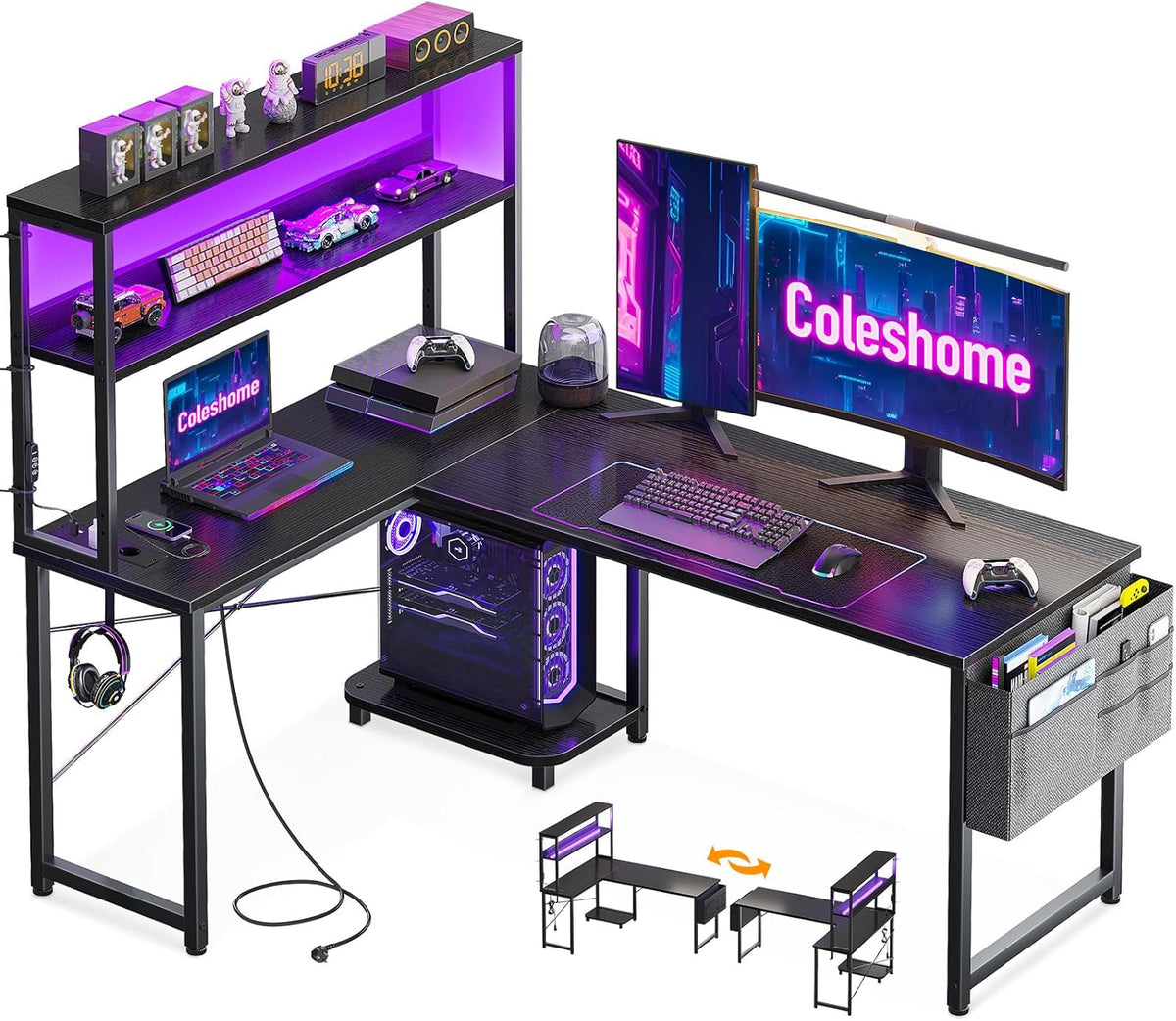 Scrivania Coleshome, 135 × 100cm, regolabile, con illuminazione LED, con porta USB, per ufficio