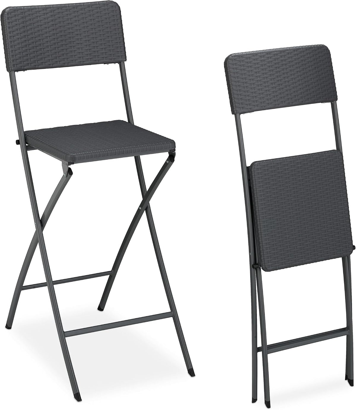 Sgabello Relaxdays, rattan, Grigio, pieghevole, con poggiapiedi, Set da 2, H: 78 cm