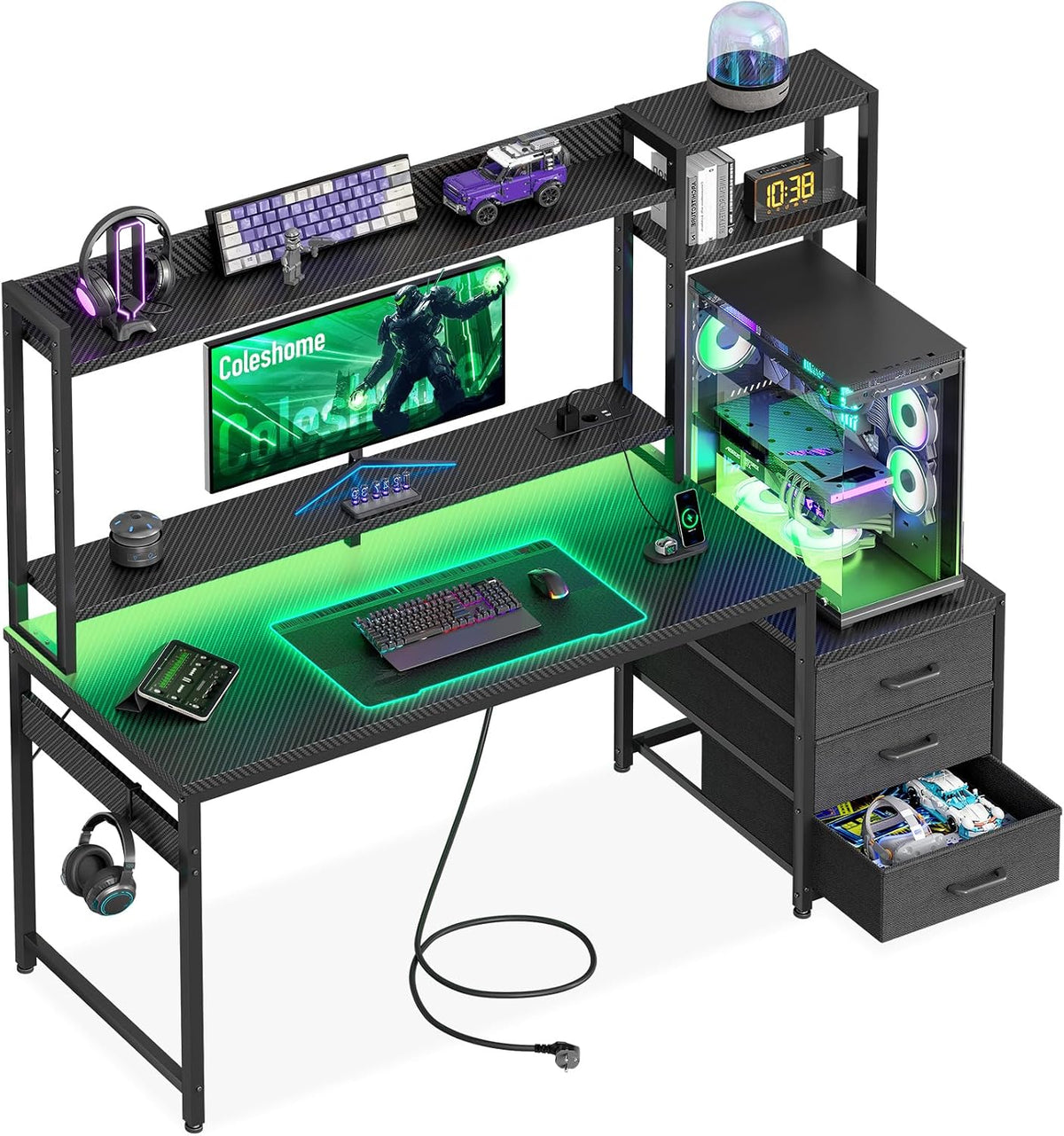 Scrivania Coleshome, 137 × 48 cm, tessuto, con illuminazione LED, per ufficio, Scrivania Gaming con Libreria e Cassetti