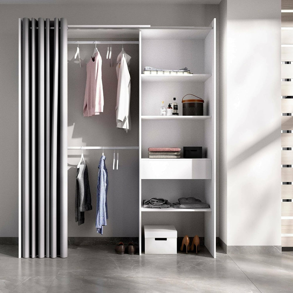 Armadio guardaroba Dmora, 4 ripiani, 50 × 205 cm, alluminio, Bianco, per camera da letto