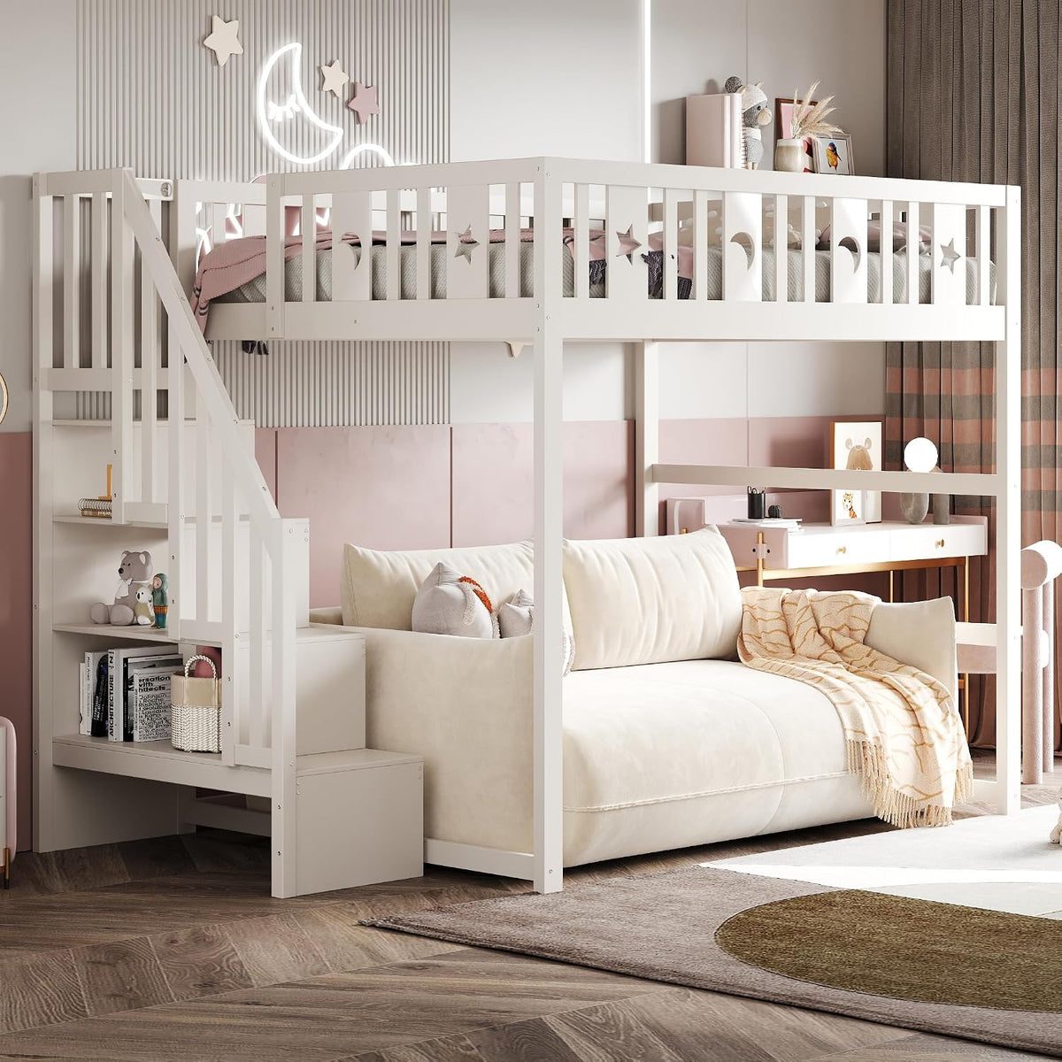 Letto a castello Kebnor, 140 × 200 cm, legno, Bianco, per camera da letto, con scala