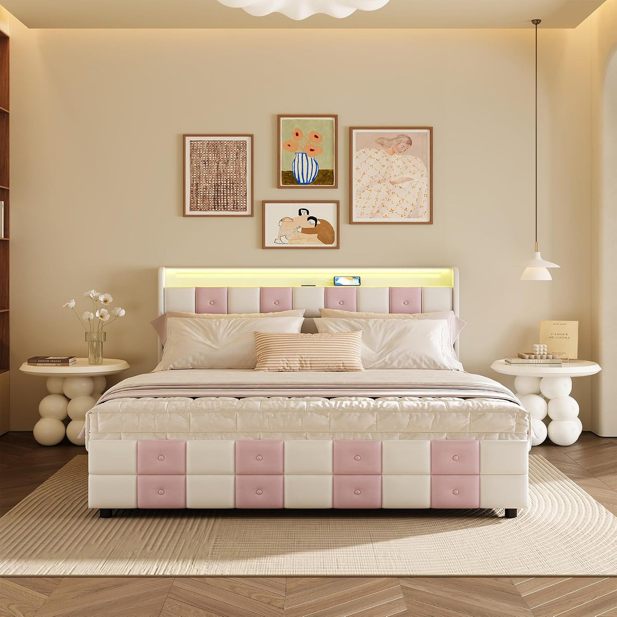 Letto Aneutr, 4 cassetti, matrimoniale, 145 × 217 × 108 cm, misura 160 × 200, velluto, Bianco, regolabile, con rete a doghe, con porta USB