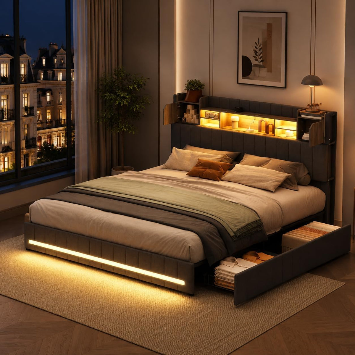 Letto contenitore LIVLUX, 4 cassetti, matrimoniale, 160 × 200 cm, lino, con rete a doghe, con illuminazione LED, con porta USB, imbottito