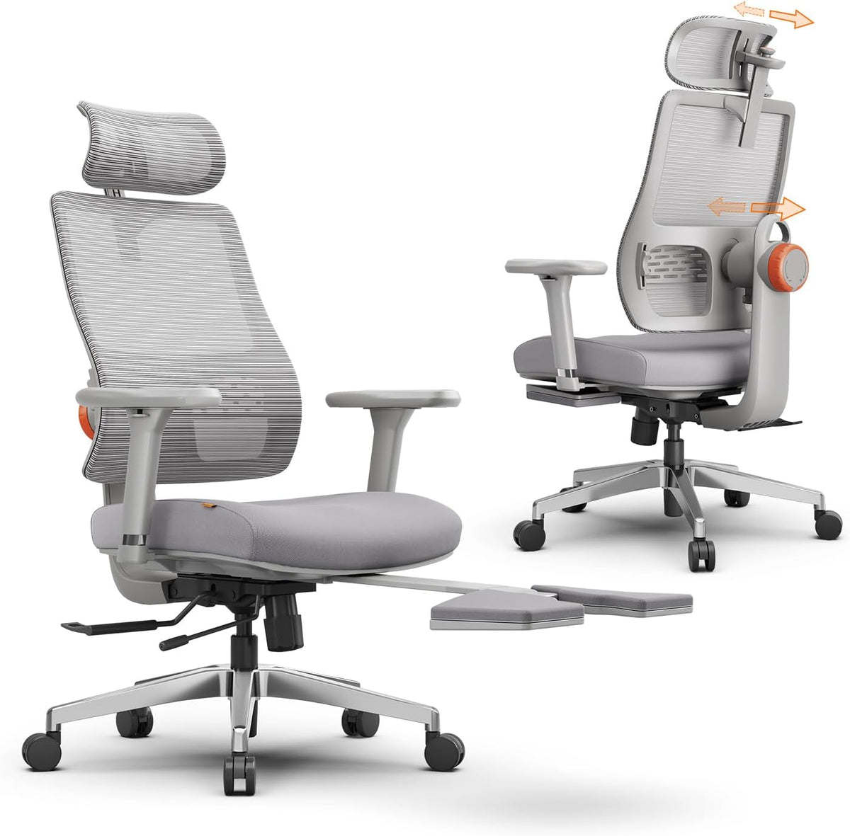 Sedia da ufficio Newtral, Grigio, regolabile, con poggiapiedi, con poggiatesta, con braccioli, per ufficio