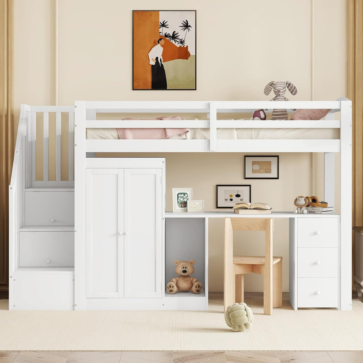 Letto KecDuey, singolo, 90 × 200 cm, legno, MDF, Bianco, con rete a doghe, per camera da letto