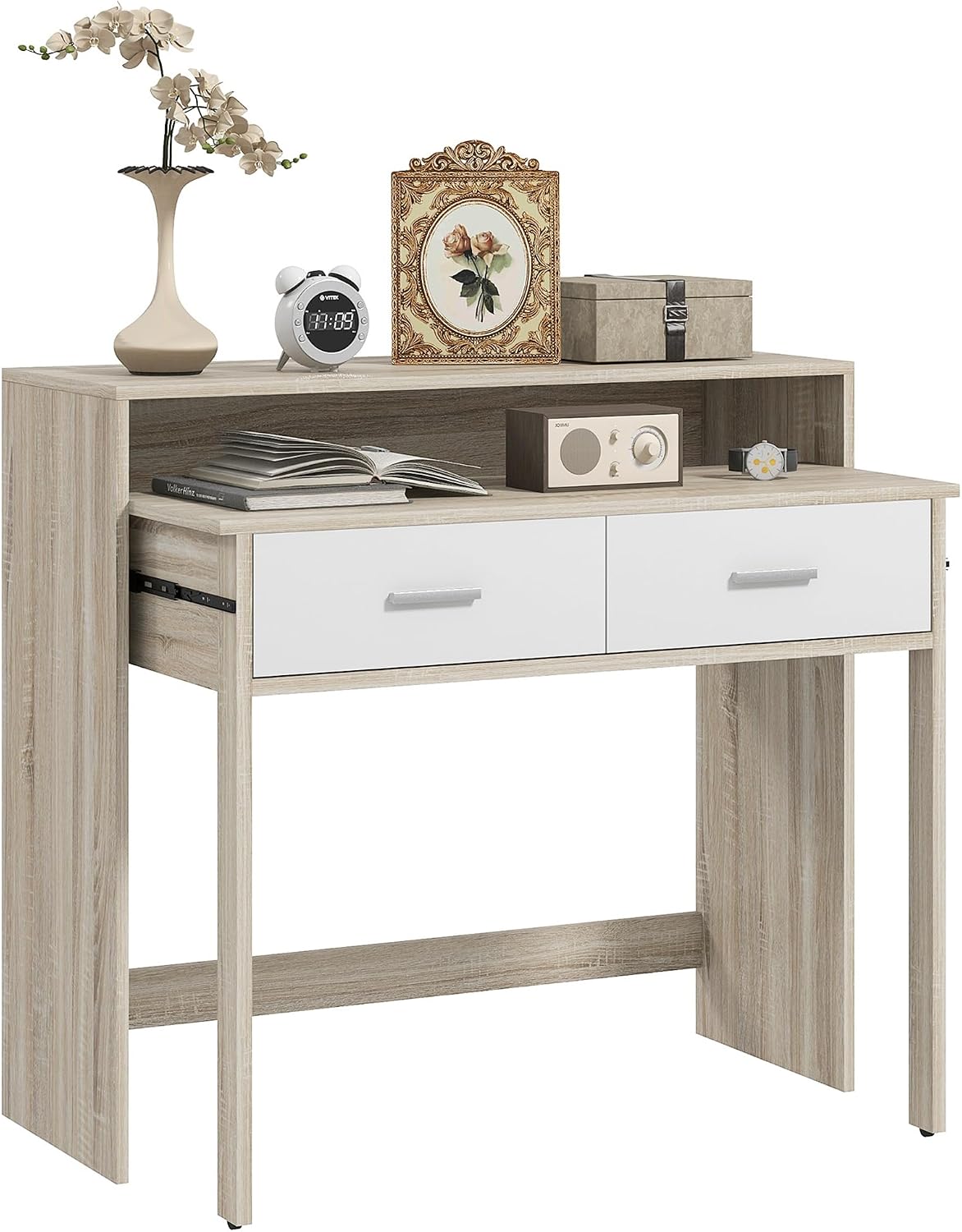 Tavolo HOMCOM, 2 cassetti, 95 × 35 × 87cm, legno, Bianco e rovere, allungabile, per soggiorno
