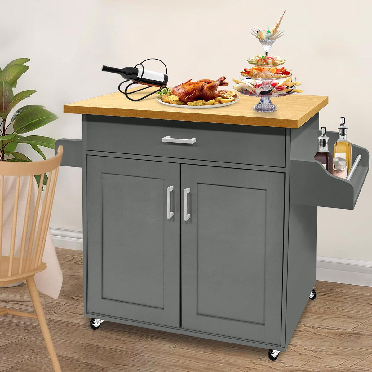 Carrello da cucina UISEBRT, 115 × 36 × 90 cm, legno, Grigio, con ruote, per sala da pranzo e cucina