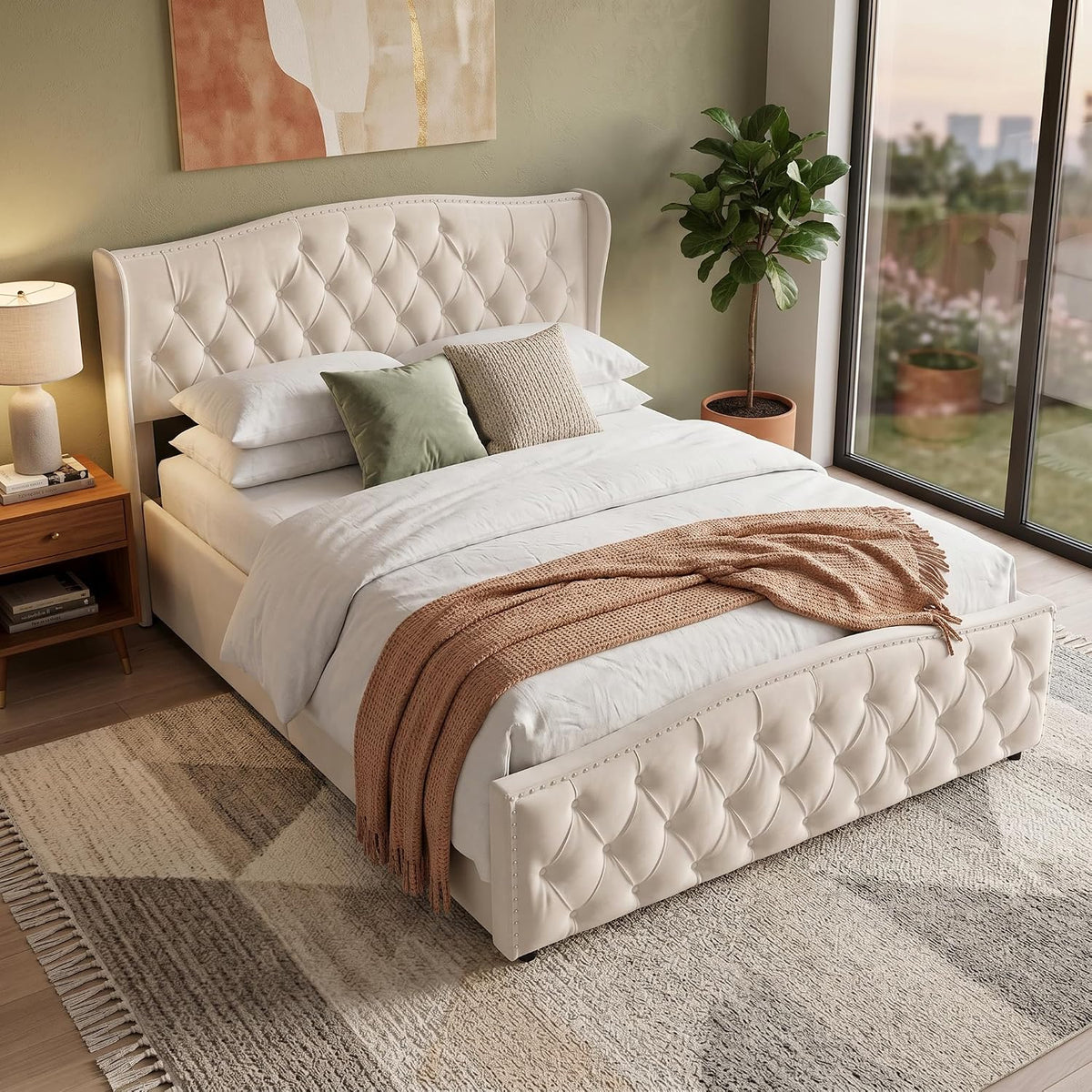 Letto contenitore HYTKKBD, matrimoniale, 160 × 200 cm, legno, velluto, Beige, con contenitore, con rete a doghe, imbottito, per camera da letto