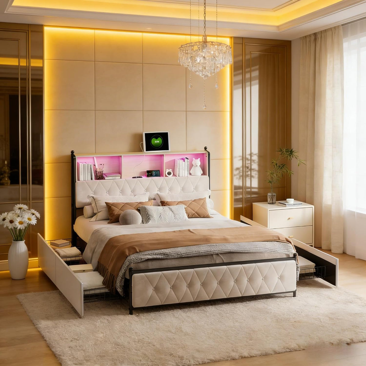 Letto contenitore EZSSW, 4 cassetti, matrimoniale, 160 × 200 cm, metallo, velluto, Beige, con contenitore, regolabile, con illuminazione LED