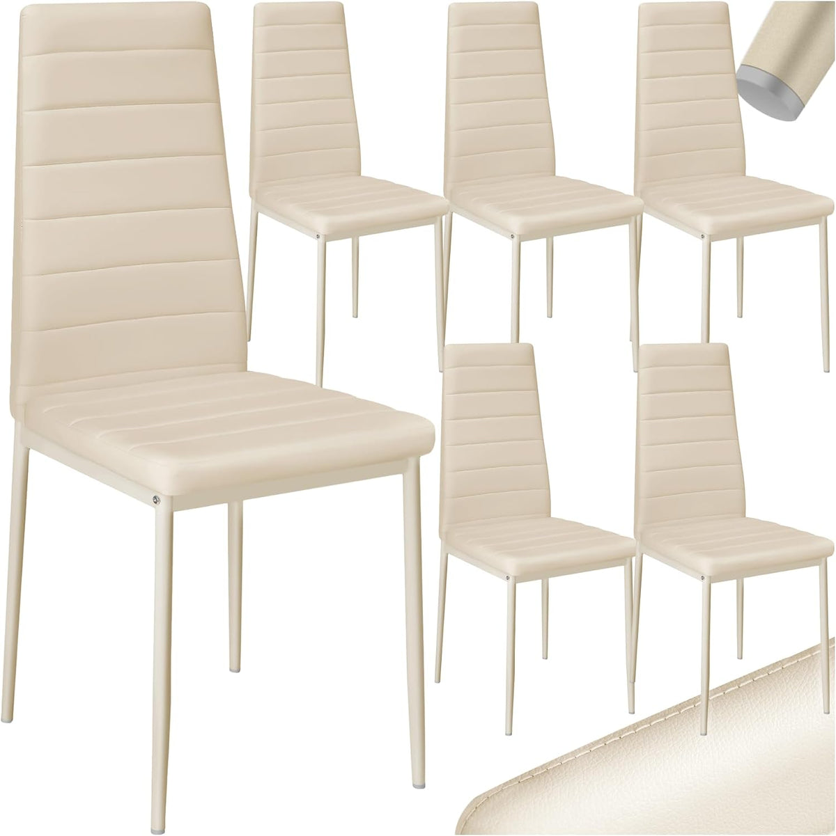 Sedia tectake, 6 sedie, acciaio, similpelle, Beige, per sala da pranzo e cucina