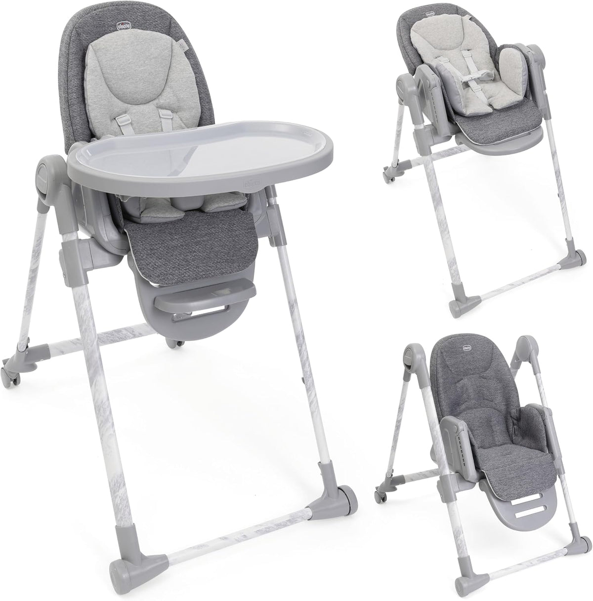 Seggiolone Chicco, tessuto, similpelle, Grigio, reclinabile, regolabile, con poggiapiedi