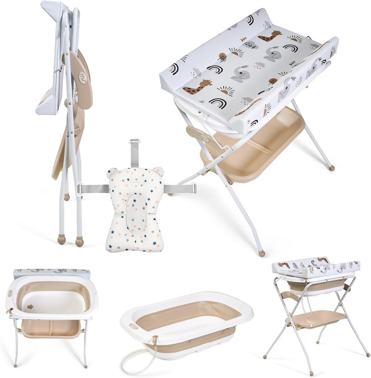 Fasciatoio con vaschetta ms, Beige, pieghevole, per bagno, con tappo e gambe antiscivolo