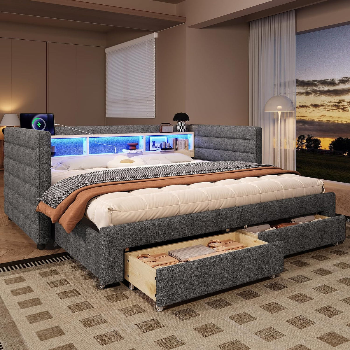 Divano letto KecDuey, 180 × 190 cm, Grigio, per soggiorno, con due cassetti