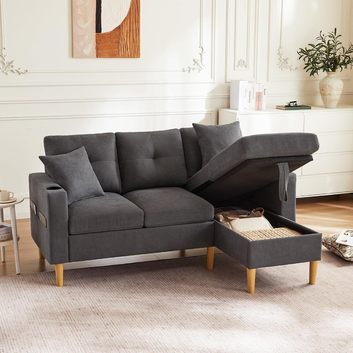 Divano angolare HaoChrymec, 3 posti, 175 × 129 × 90cm, lino, tessuto, Grigio scuro, con contenitore, per soggiorno