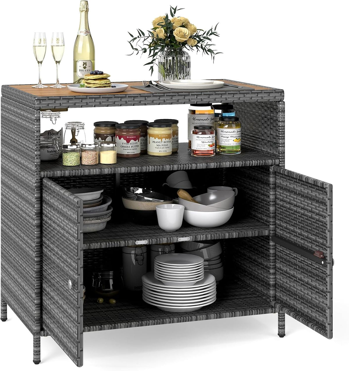 Credenza LIFEZEAL, 2 ante, 90 × 53 × 86 cm, legno, rattan, Grigio, per giardino e terrazzo