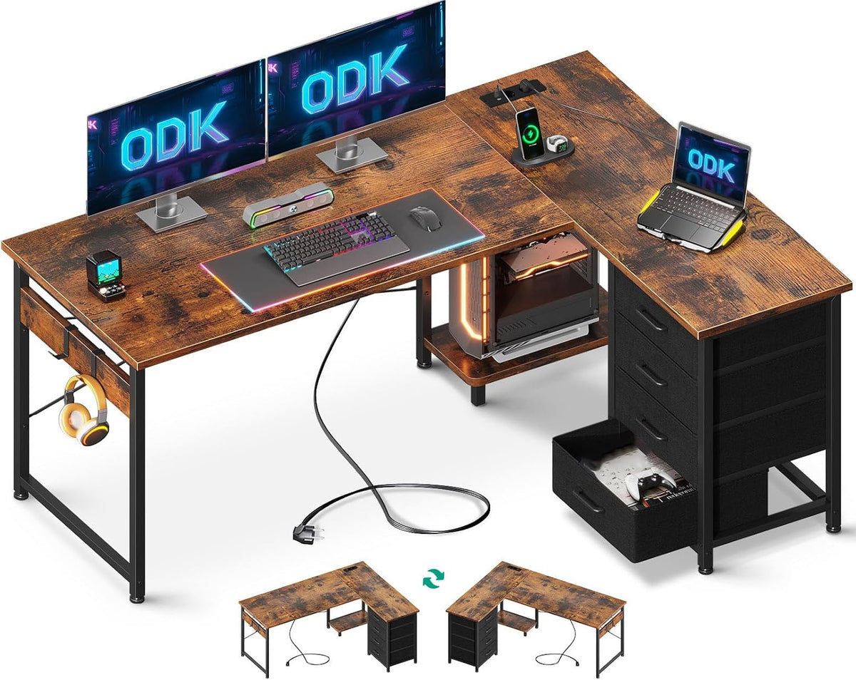 Scrivania ODK, 135 × 100 cm, tessuto, Marrone, con porta USB, per ufficio