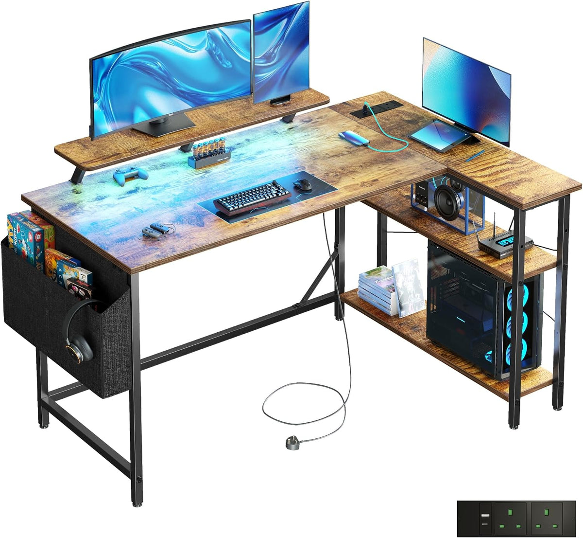 Scrivania DOMSHOCT, 140 × 80 cm, MDF, acciaio, regolabile, con illuminazione LED, per ufficio