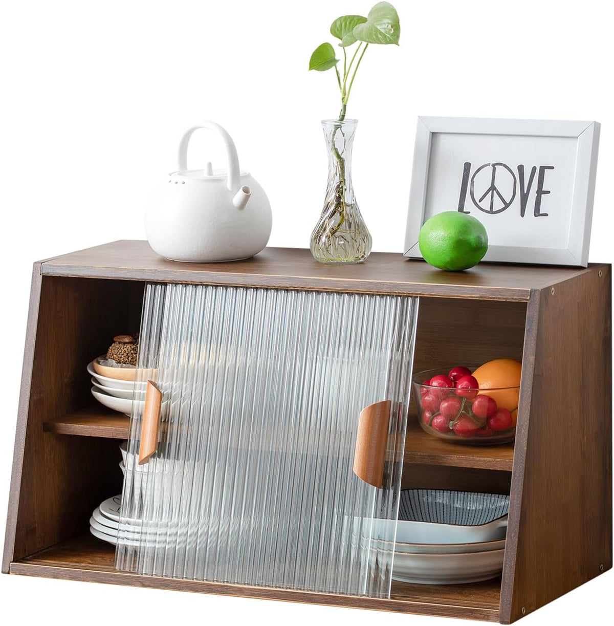 Credenza HollyHOME, 2 ante, bambù, vetro, Noce, con ante scorrevoli, per soggiorno e sala da pranzo