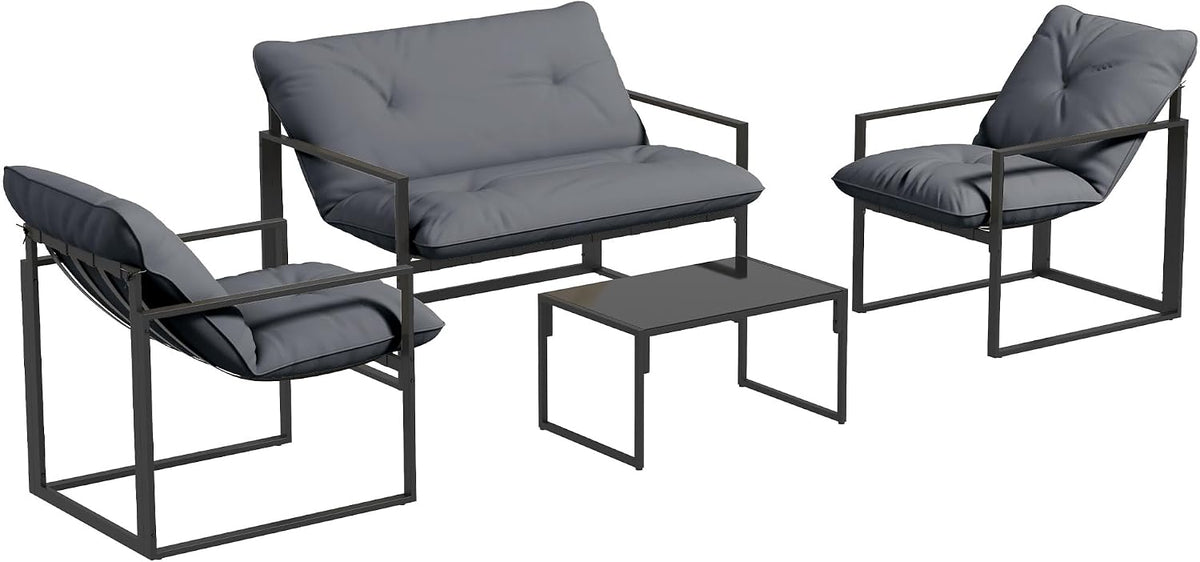Set di mobili da giardino Outsunny, 4 pezzi, acciaio, tessuto, Nero e grigio, per giardino e terrazzo