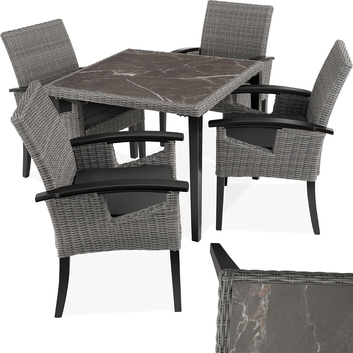 Set da pranzo da giardino tectake, 5 pezzi, rattan, Grigio, per giardino e terrazzo