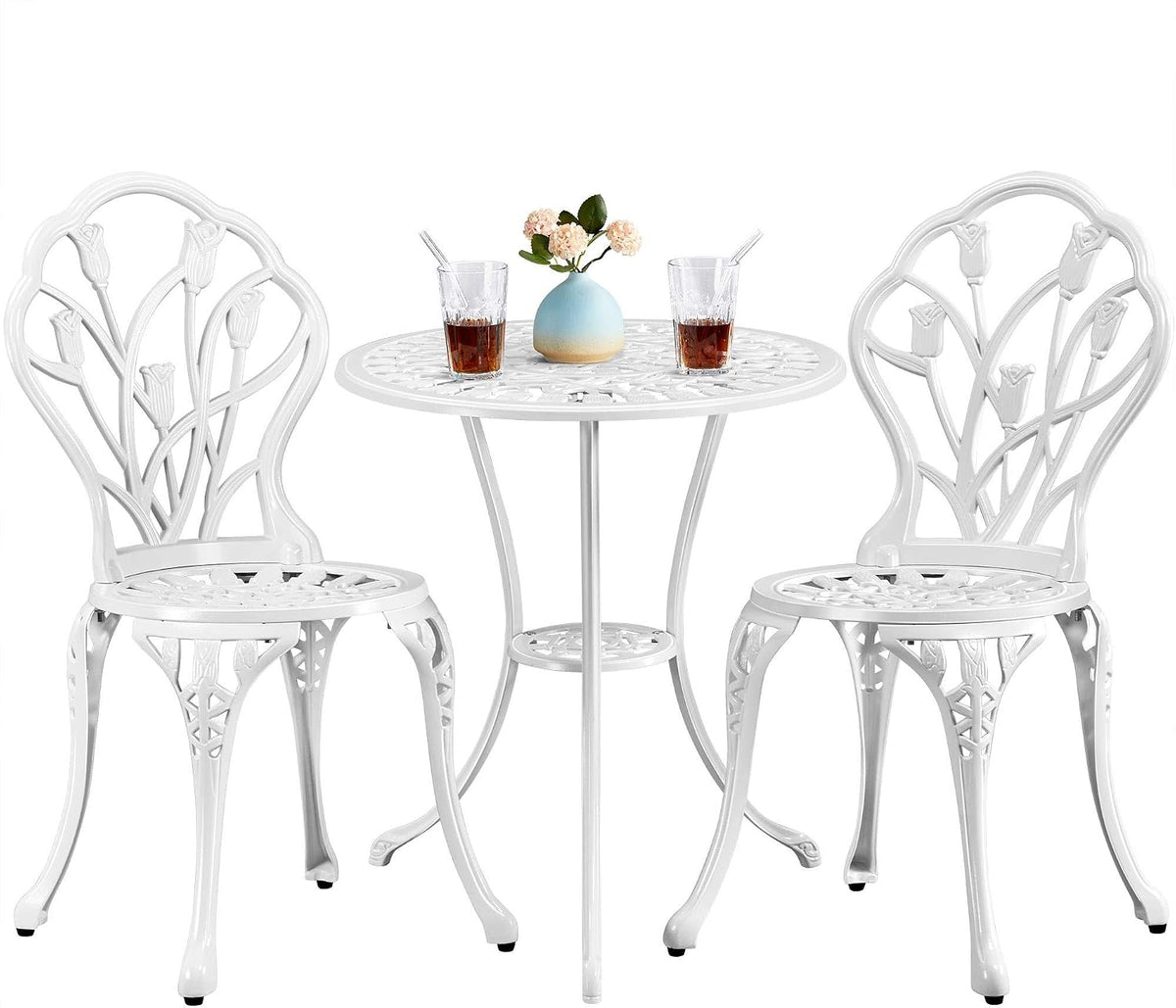 Set da pranzo da giardino Yaheetech, 3 pezzi, 2 sedie, alluminio, Bianco, regolabile, per giardino e terrazzo