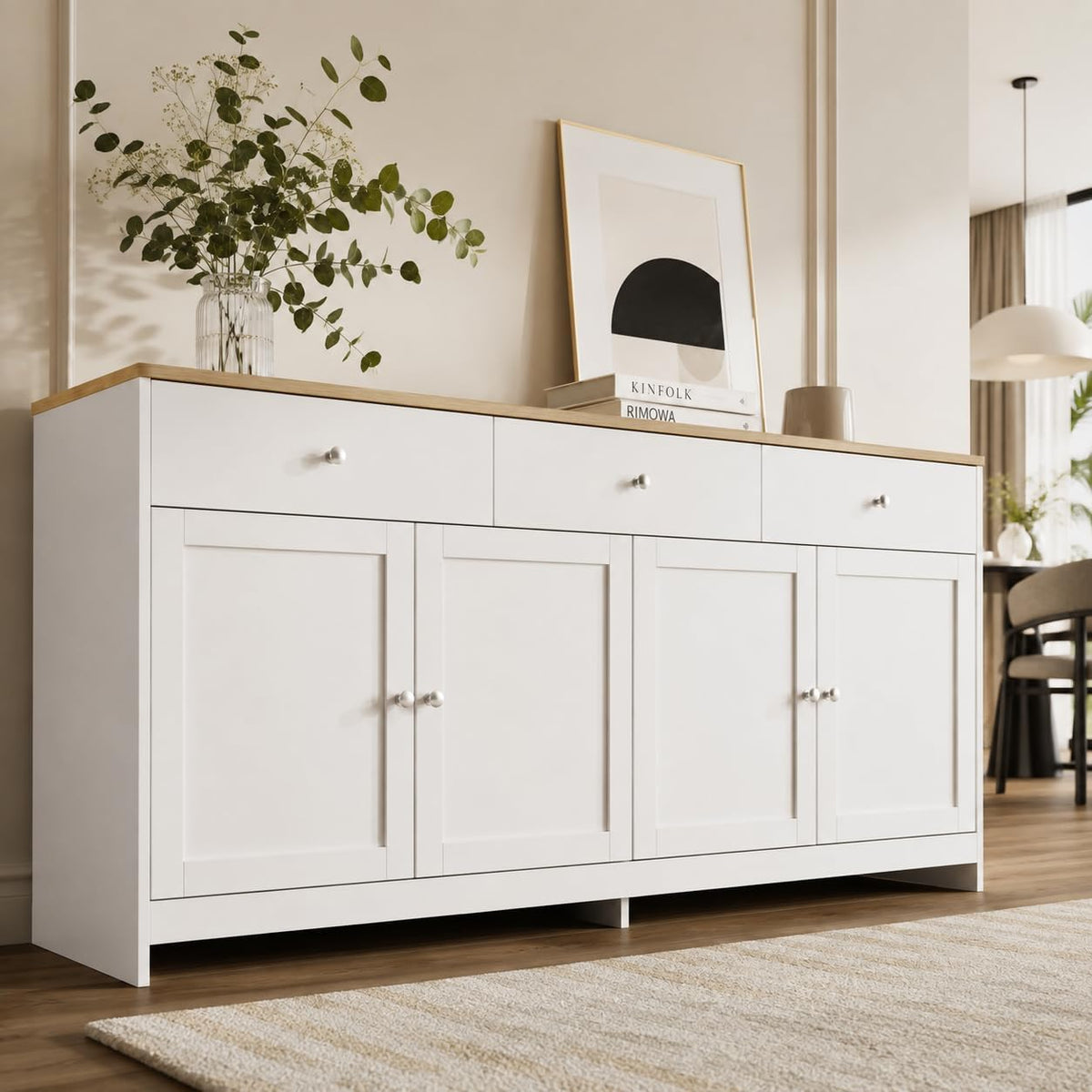 Credenza KRYZOR, 4 ante, 3 cassetti, legno, Bianco, regolabile, per soggiorno e sala da pranzo