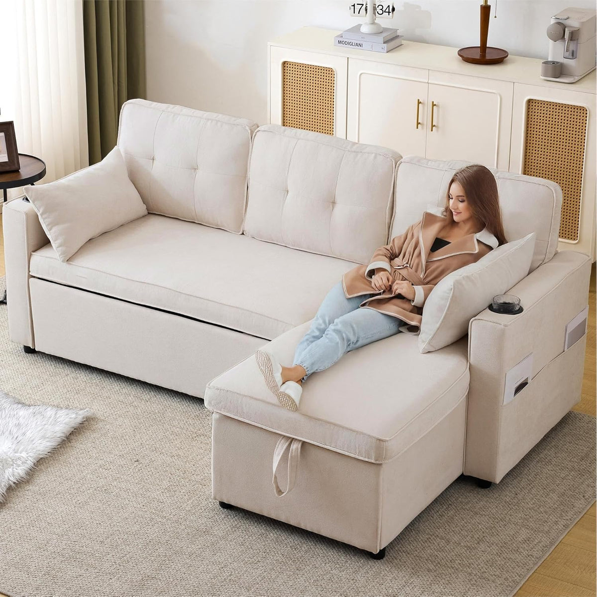 Divano letto Rvjiahe, 211 × 130 × 86 cm, lino, con funzione letto, con braccioli, per soggiorno