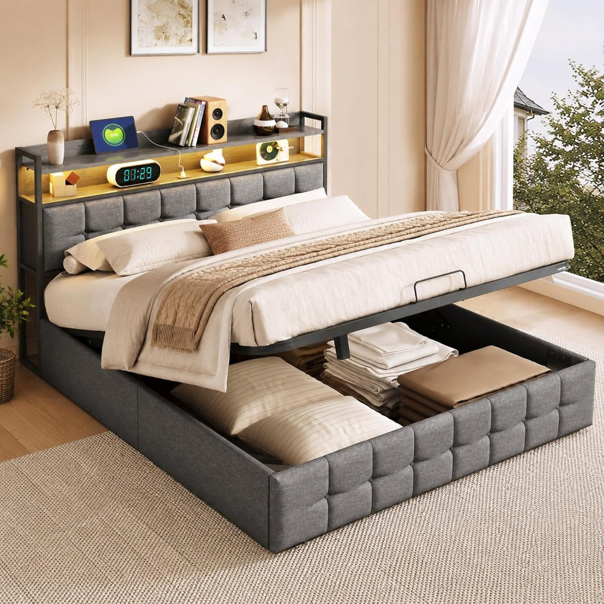 Letto Fofetbfo, matrimoniale, 140 × 190 cm, con rete a doghe, con illuminazione LED, con porta USB, imbottito, per camera da letto