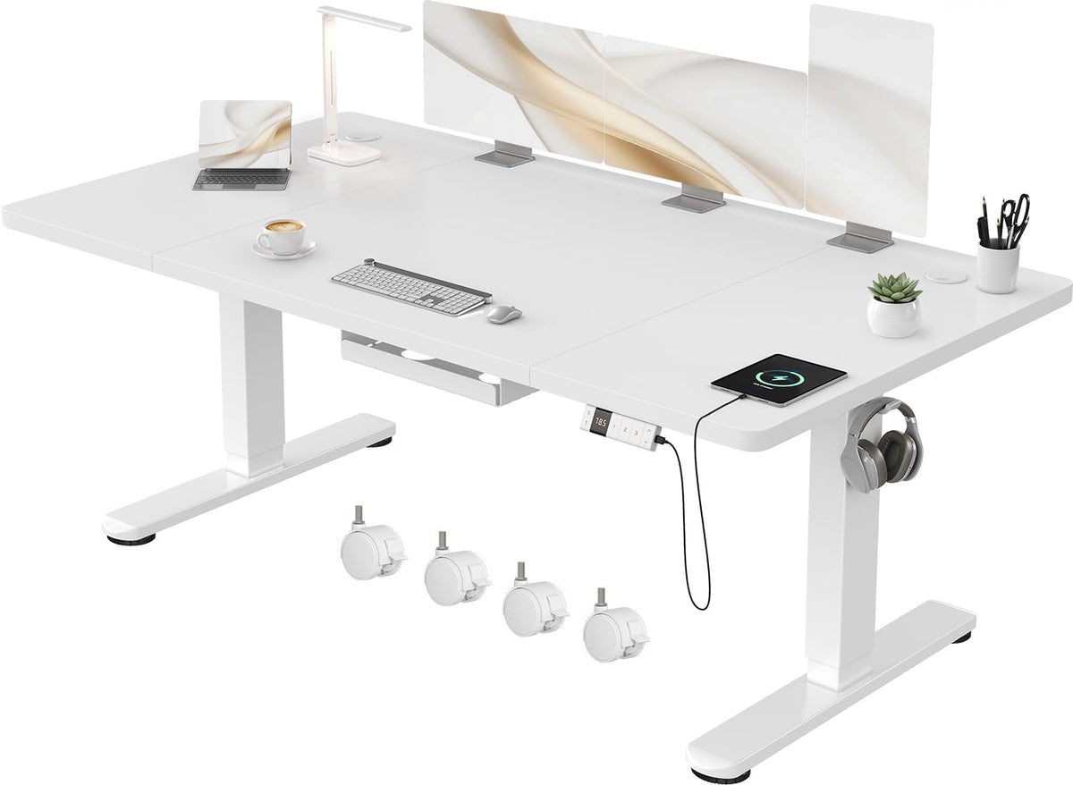 Scrivania Devoko, 160 × 80 cm, acciaio, Bianco, regolabile, con ruote, per ufficio